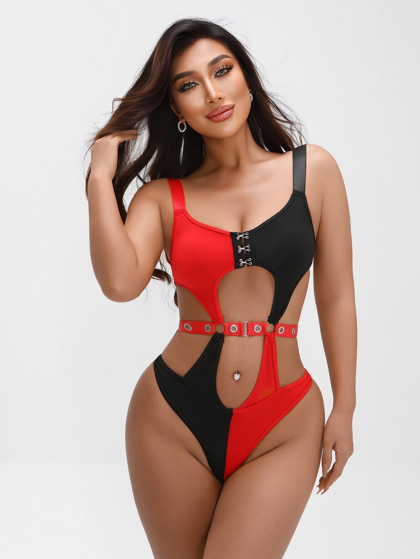 RED & BLACK UNDERWEAR SET: CUTOUT DESIGN, METAL BUCKLES, STRETCH FABRIC