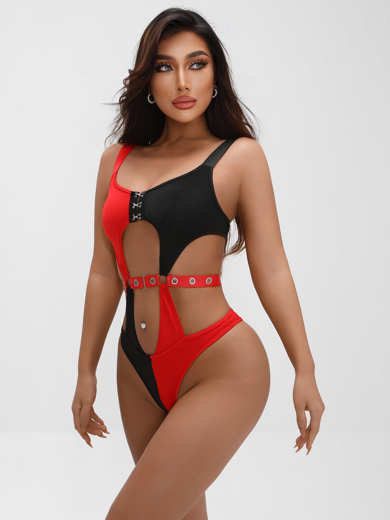 RED & BLACK UNDERWEAR SET: CUTOUT DESIGN, METAL BUCKLES, STRETCH FABRIC