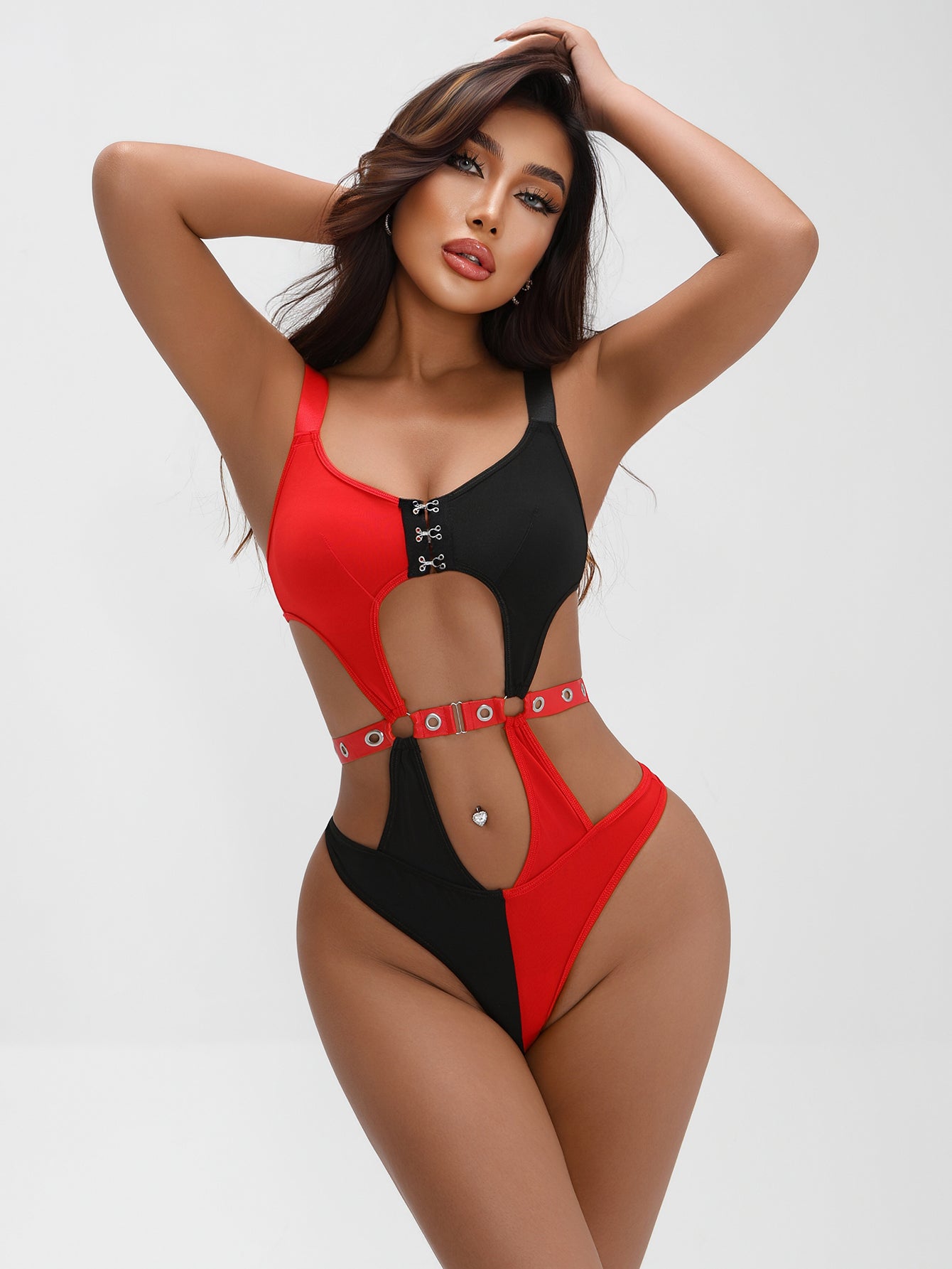 RED & BLACK UNDERWEAR SET: CUTOUT DESIGN, METAL BUCKLES, STRETCH FABRIC