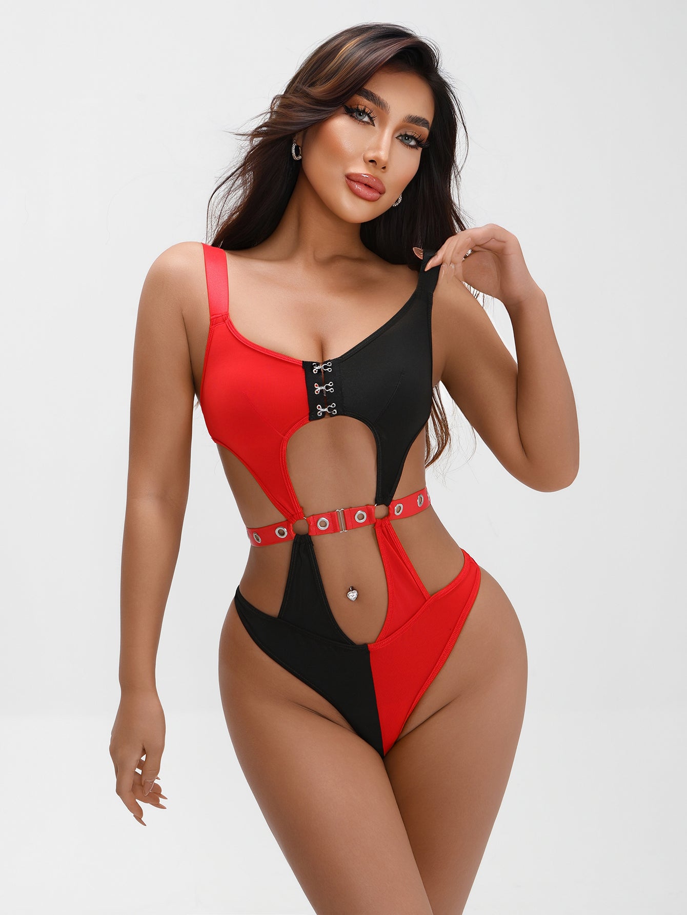 RED & BLACK UNDERWEAR SET: CUTOUT DESIGN, METAL BUCKLES, STRETCH FABRIC